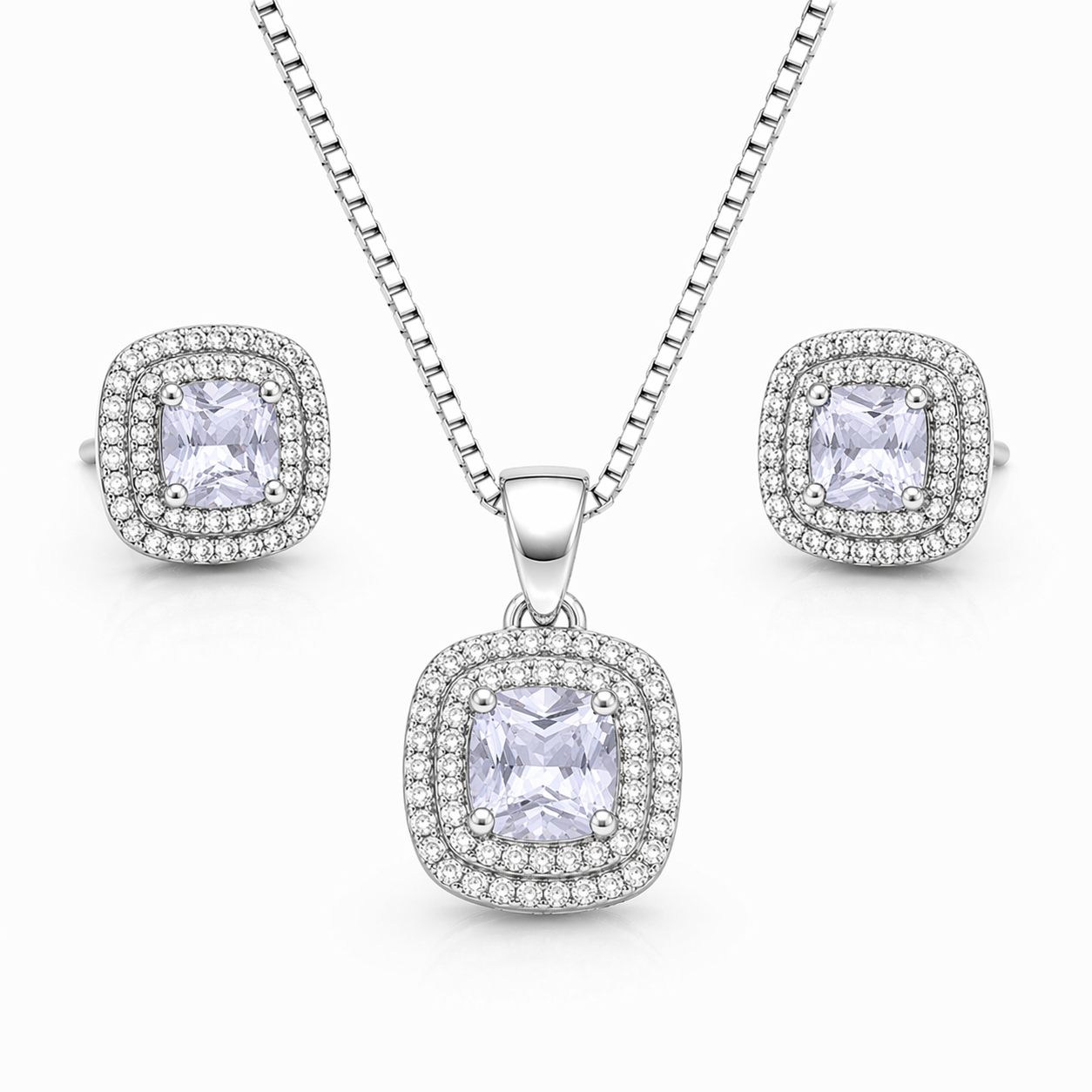 Cushion Cut Halo Pendant Set with Chain and Earrings