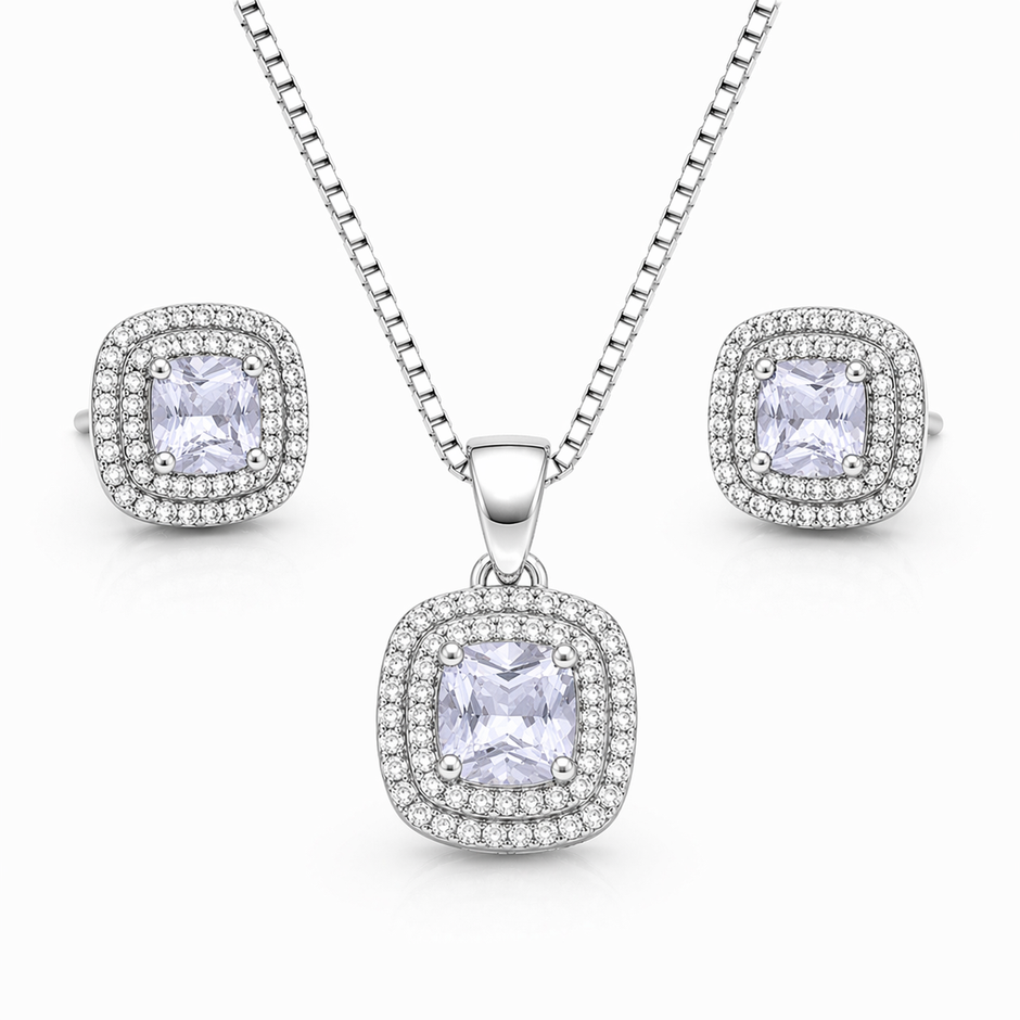 Cushion Cut Halo Pendant Set with Chain and Earrings