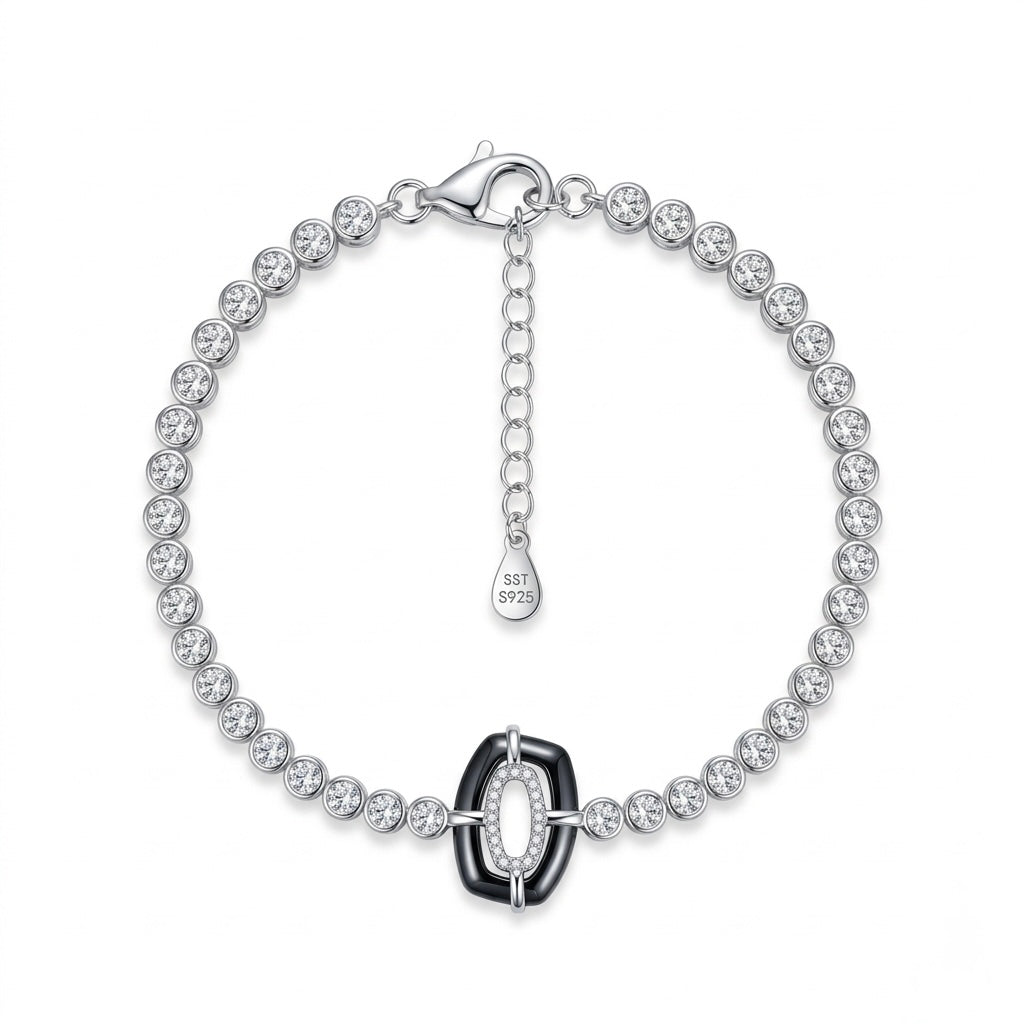 Black Enamel Oval Halo Tennis Bracelet