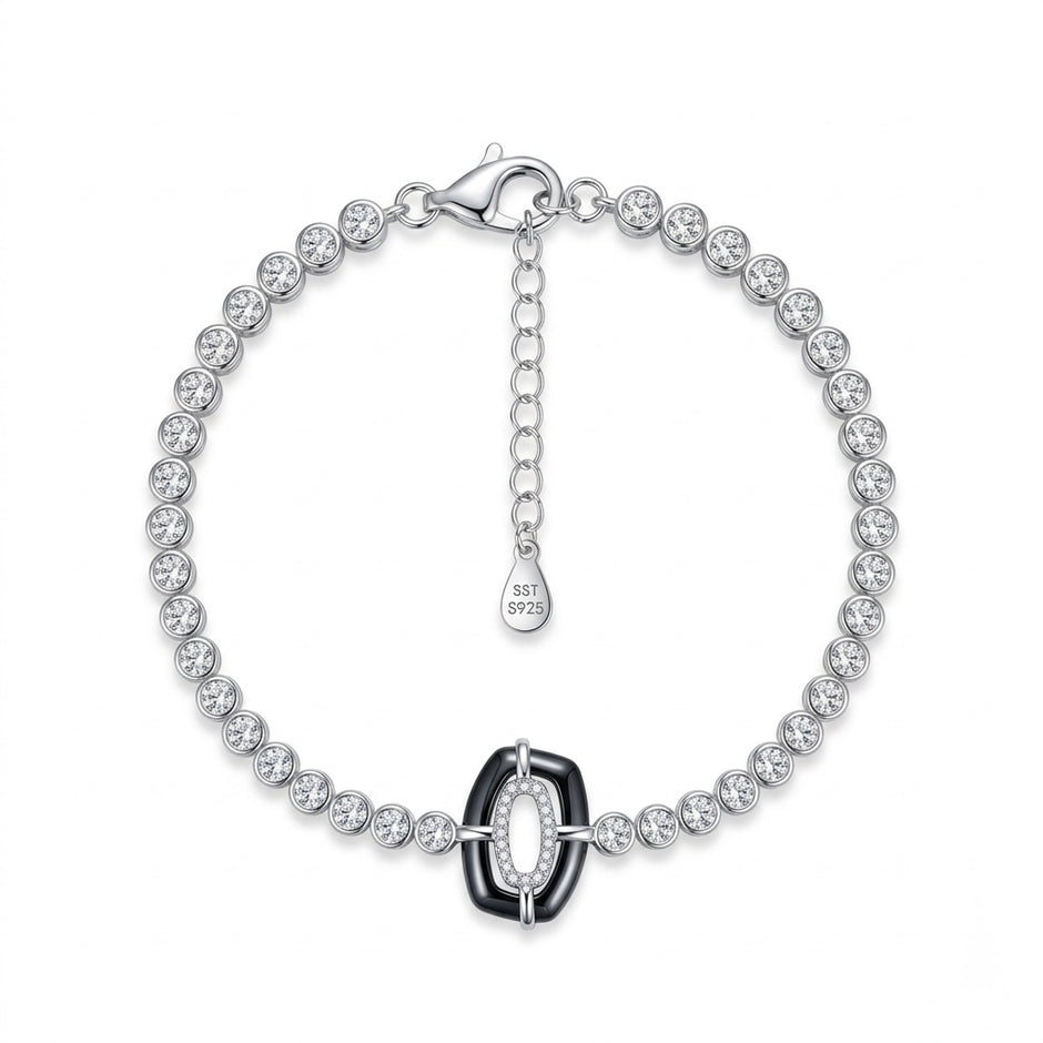Black Enamel Oval Halo Tennis Bracelet