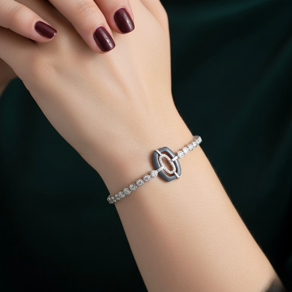 Black Enamel Oval Halo Tennis Bracelet