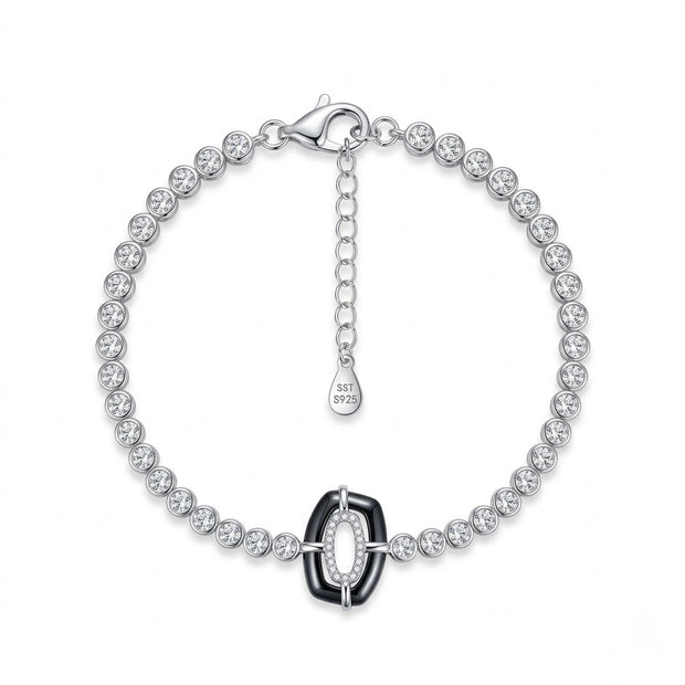Black Enamel Oval Halo Tennis Bracelet