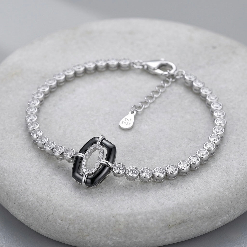 Black Enamel Oval Halo Tennis Bracelet