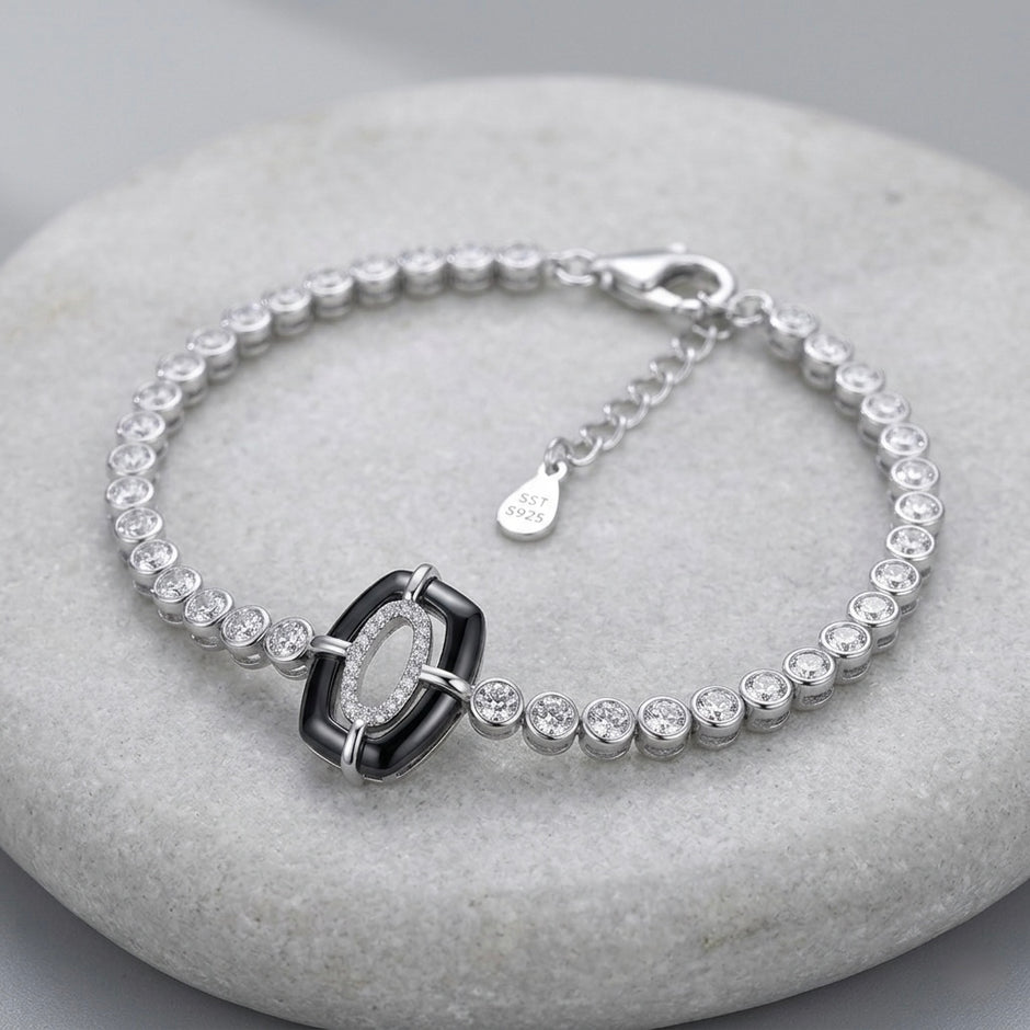 Black Enamel Oval Halo Tennis Bracelet
