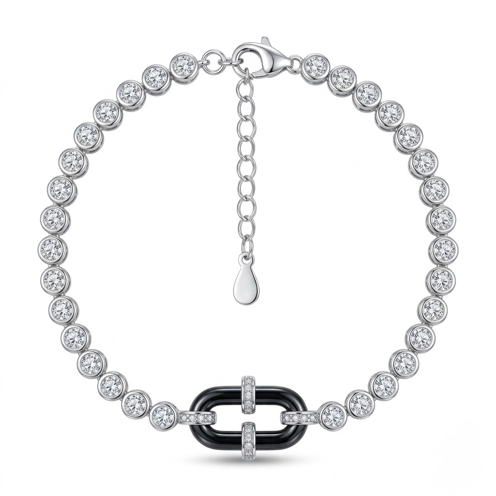 Black Enamel Linked Halo Tennis Bracelet
