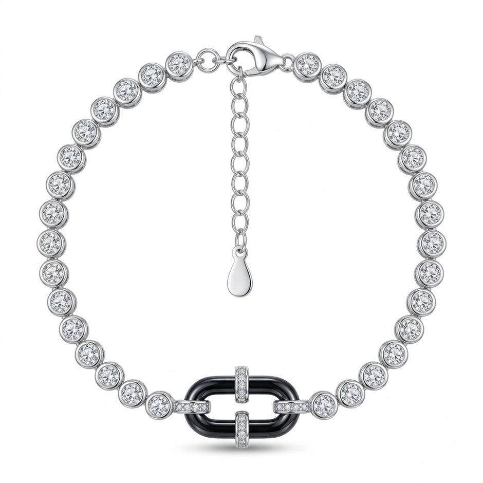 Black Enamel Linked Halo Tennis Bracelet