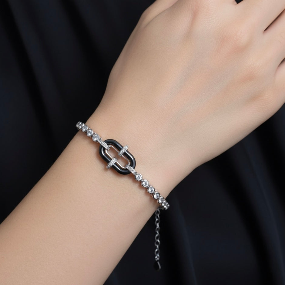 Black Enamel Linked Halo Tennis Bracelet