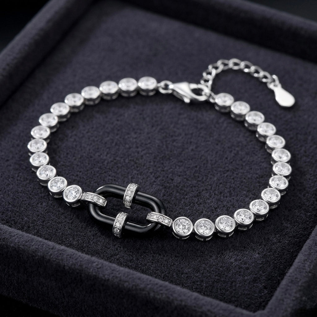 Black Enamel Linked Halo Tennis Bracelet