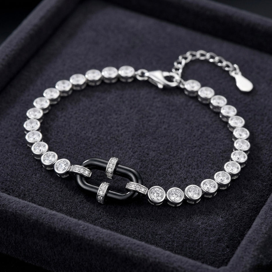 Black Enamel Linked Halo Tennis Bracelet