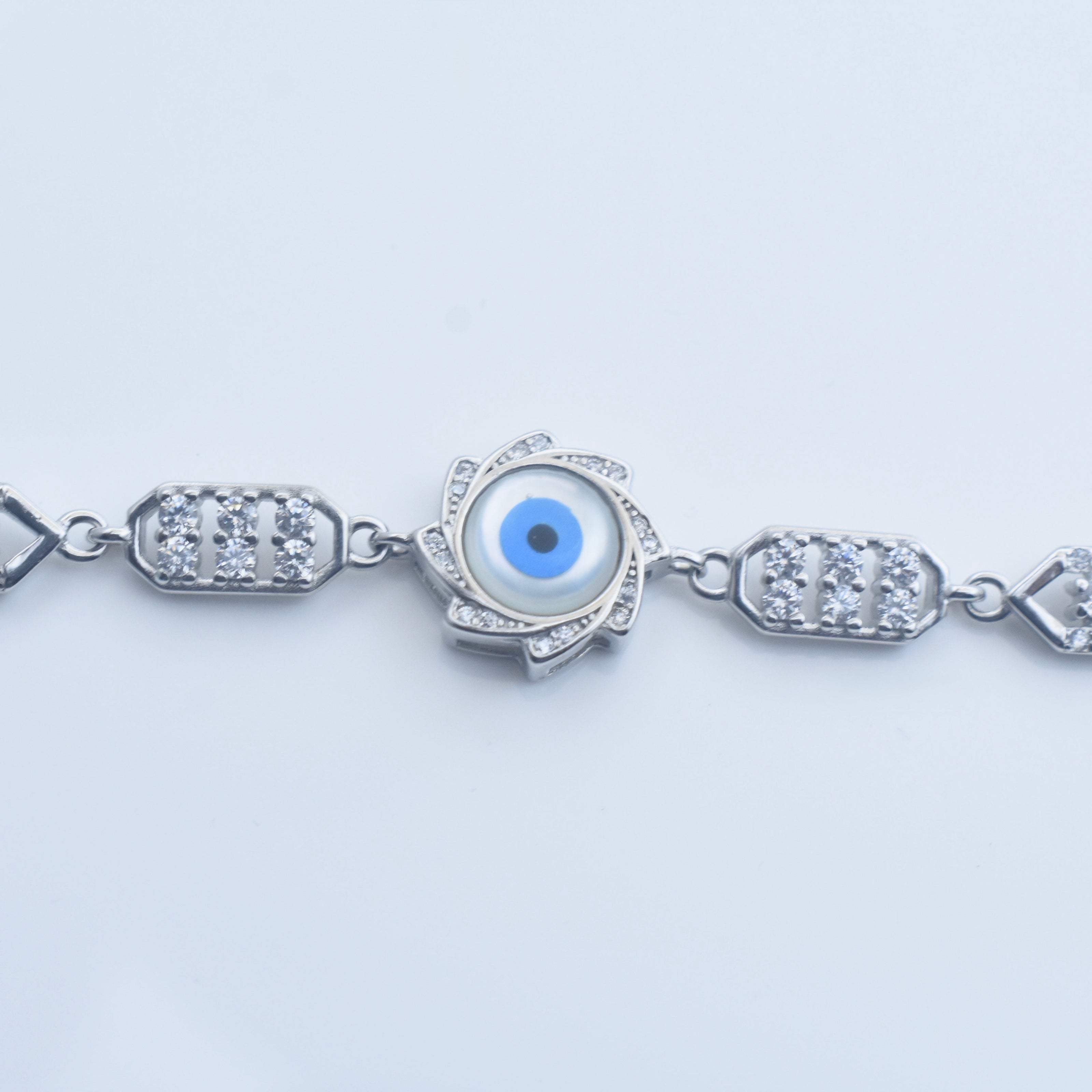 Floral Motif Evil Eye Silver Bracelet