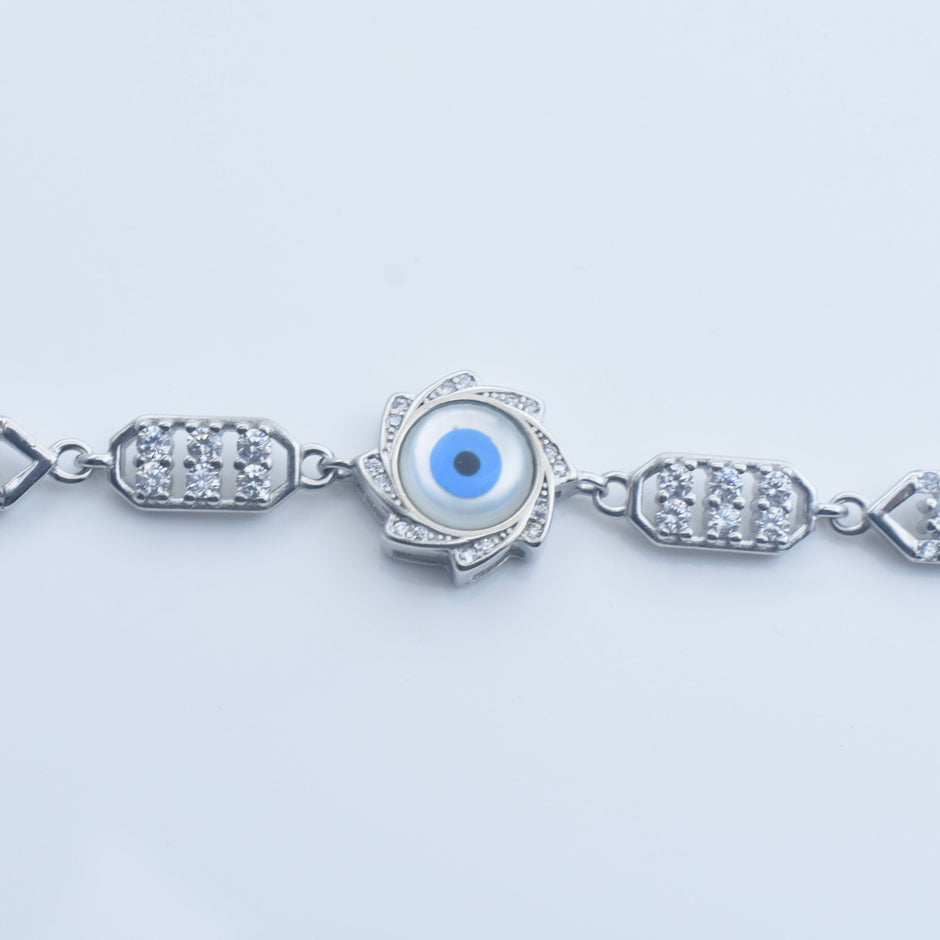 Floral Motif Evil Eye Silver Bracelet