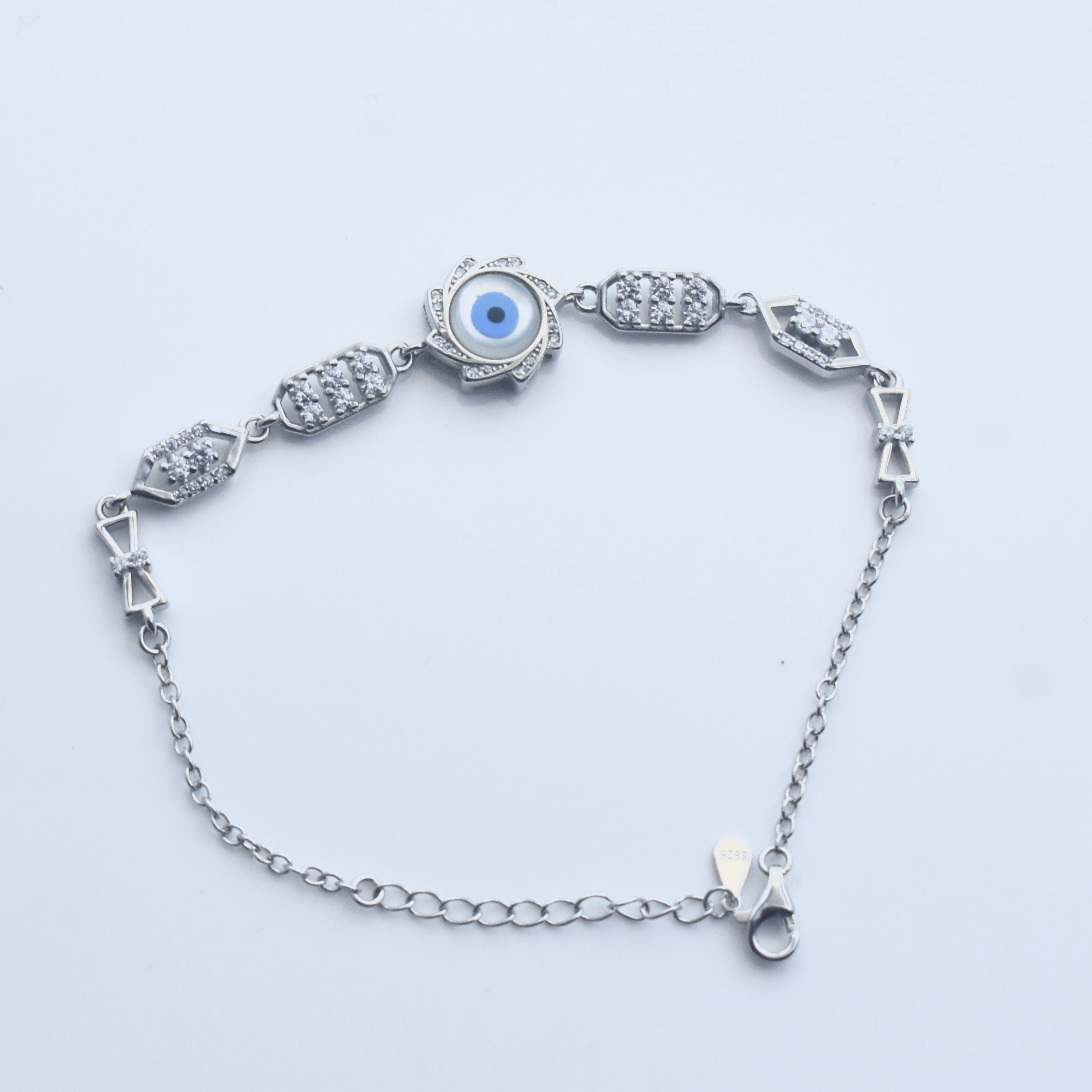 Floral Motif Evil Eye Silver Bracelet