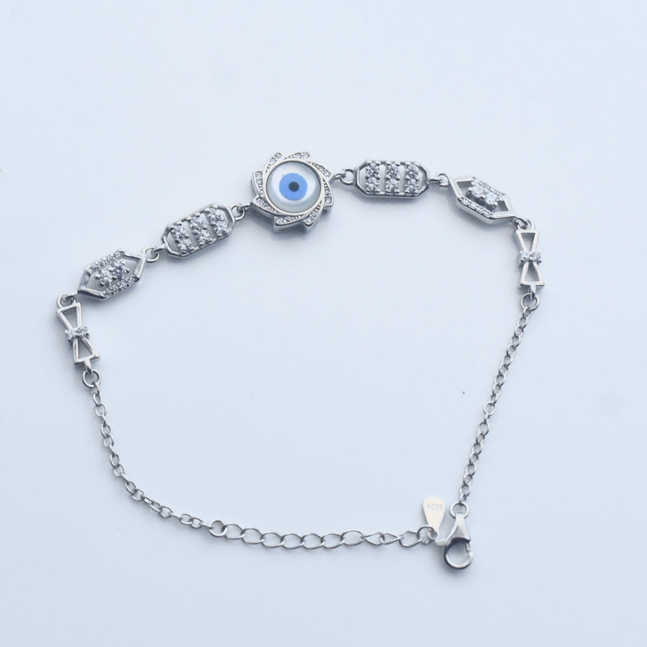 Floral Motif Evil Eye Silver Bracelet