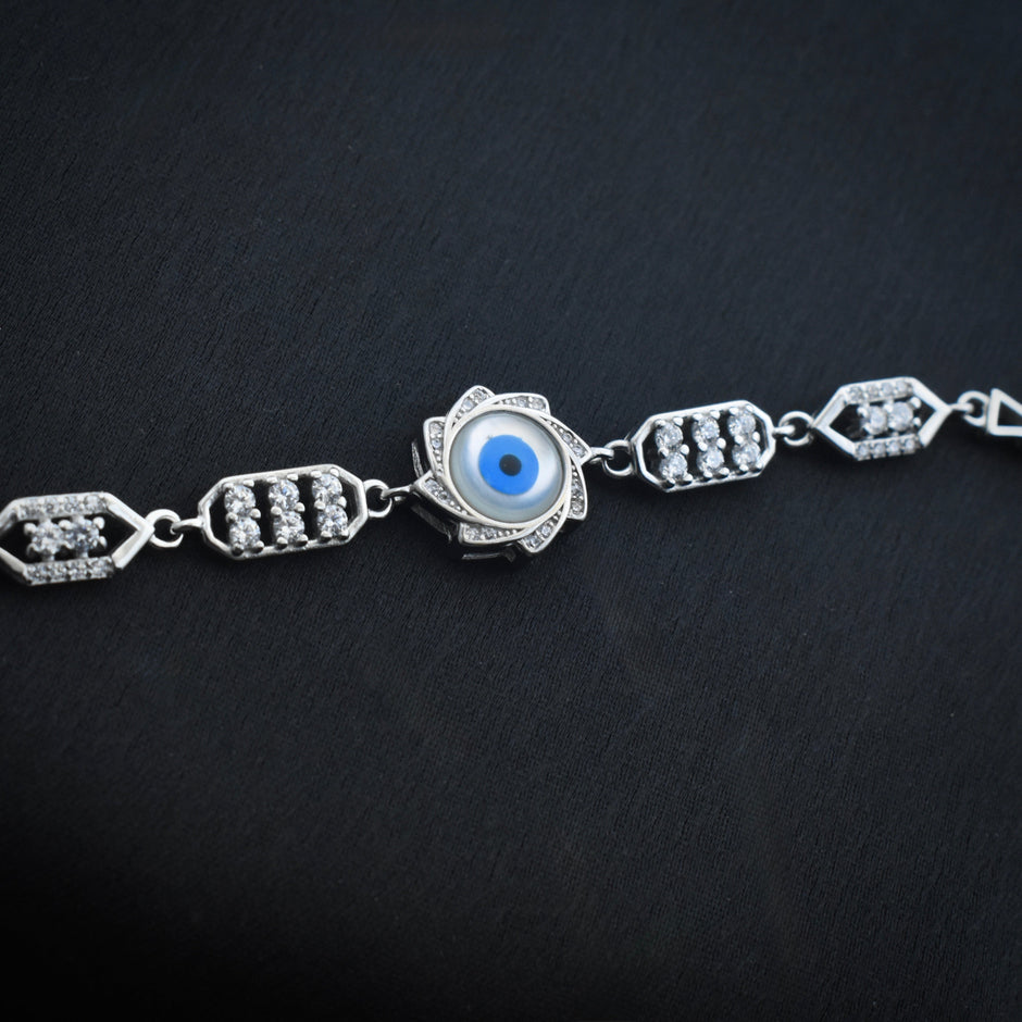 Floral Motif Evil Eye Silver Bracelet