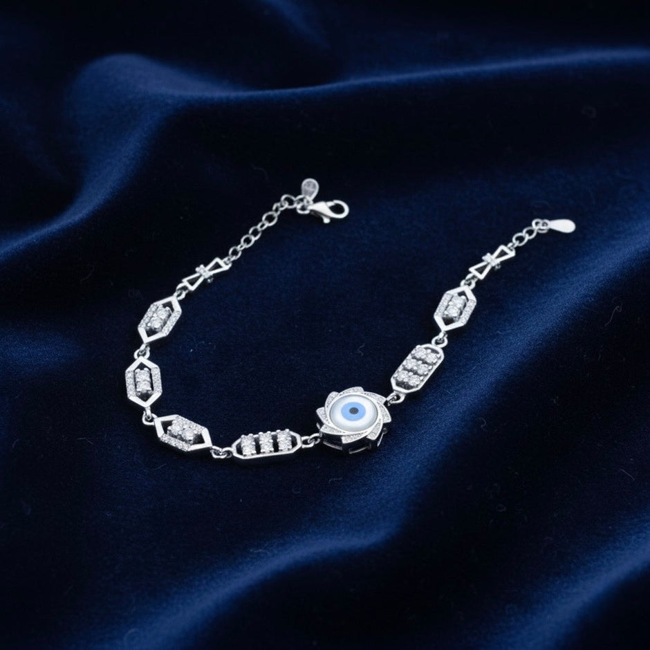 Floral Motif Evil Eye Silver Bracelet