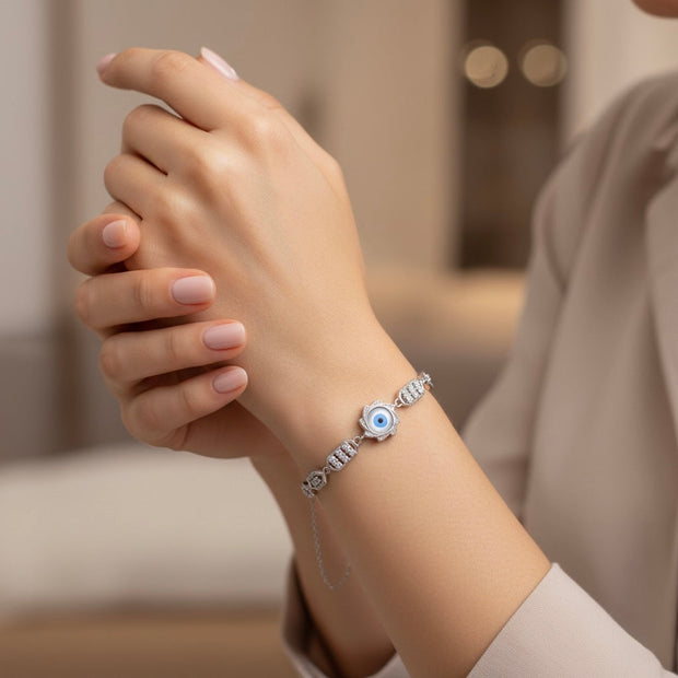 Floral Motif Evil Eye Silver Bracelet