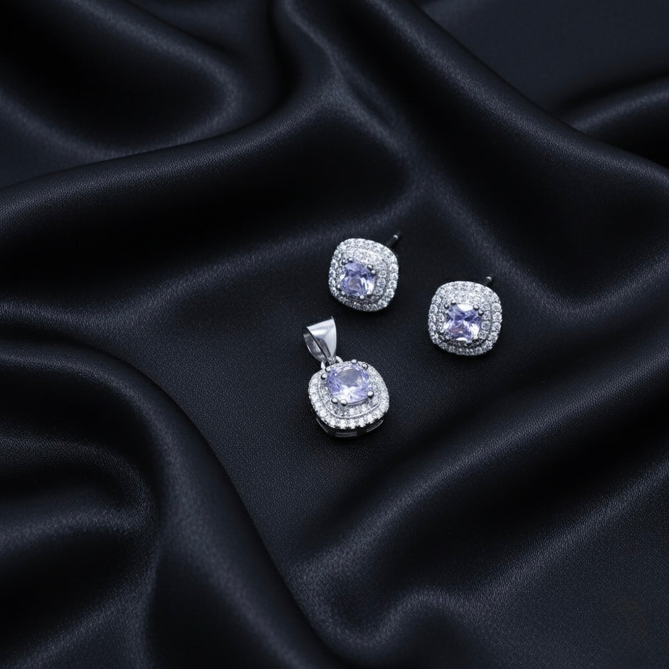 Cushion Cut Halo Pendant Set with Chain and Earrings
