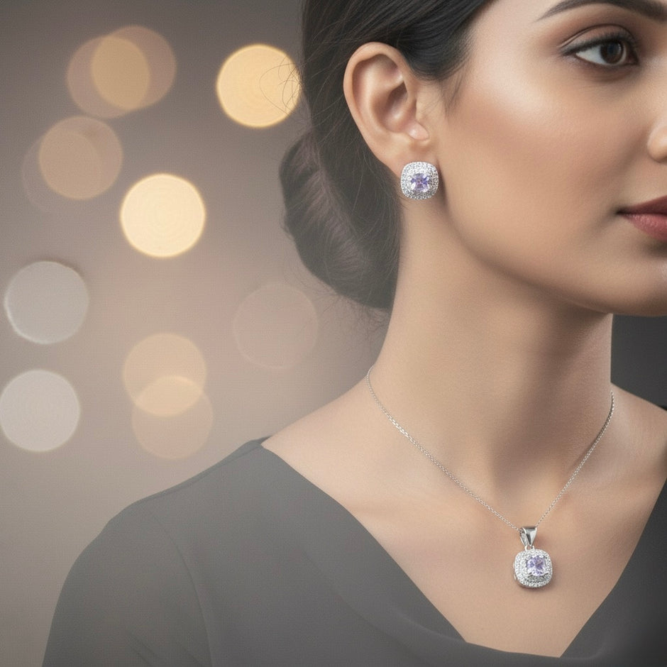 Cushion Cut Halo Pendant Set with Chain and Earrings