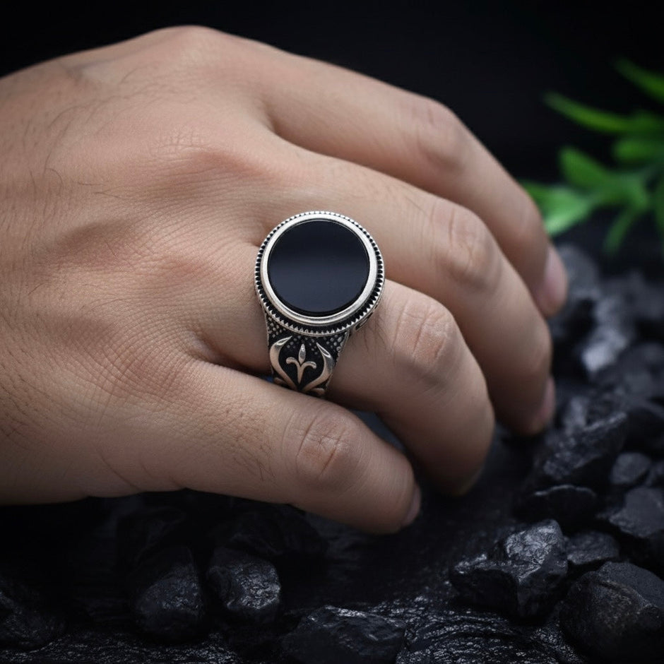 Antique Silver Black Crest Ring