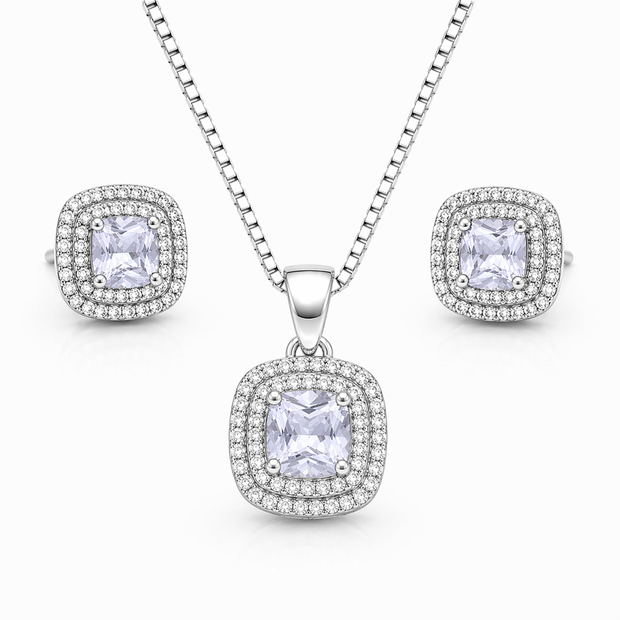 Cushion Cut Halo Pendant Set with Chain and Earrings