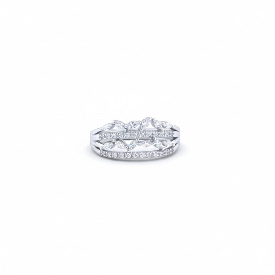 Elegant Leaf Motif Multi Row Silver Ring