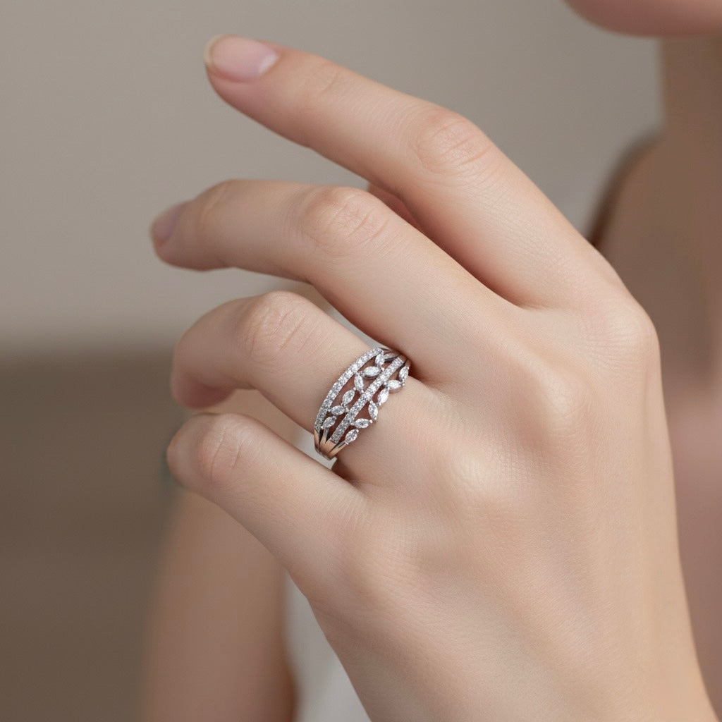 Elegant Leaf Motif Multi Row Silver Ring