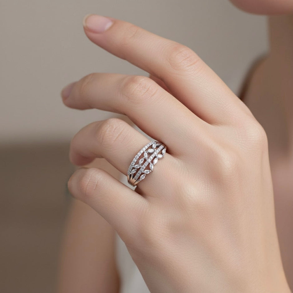 Elegant Leaf Motif Multi Row Silver Ring