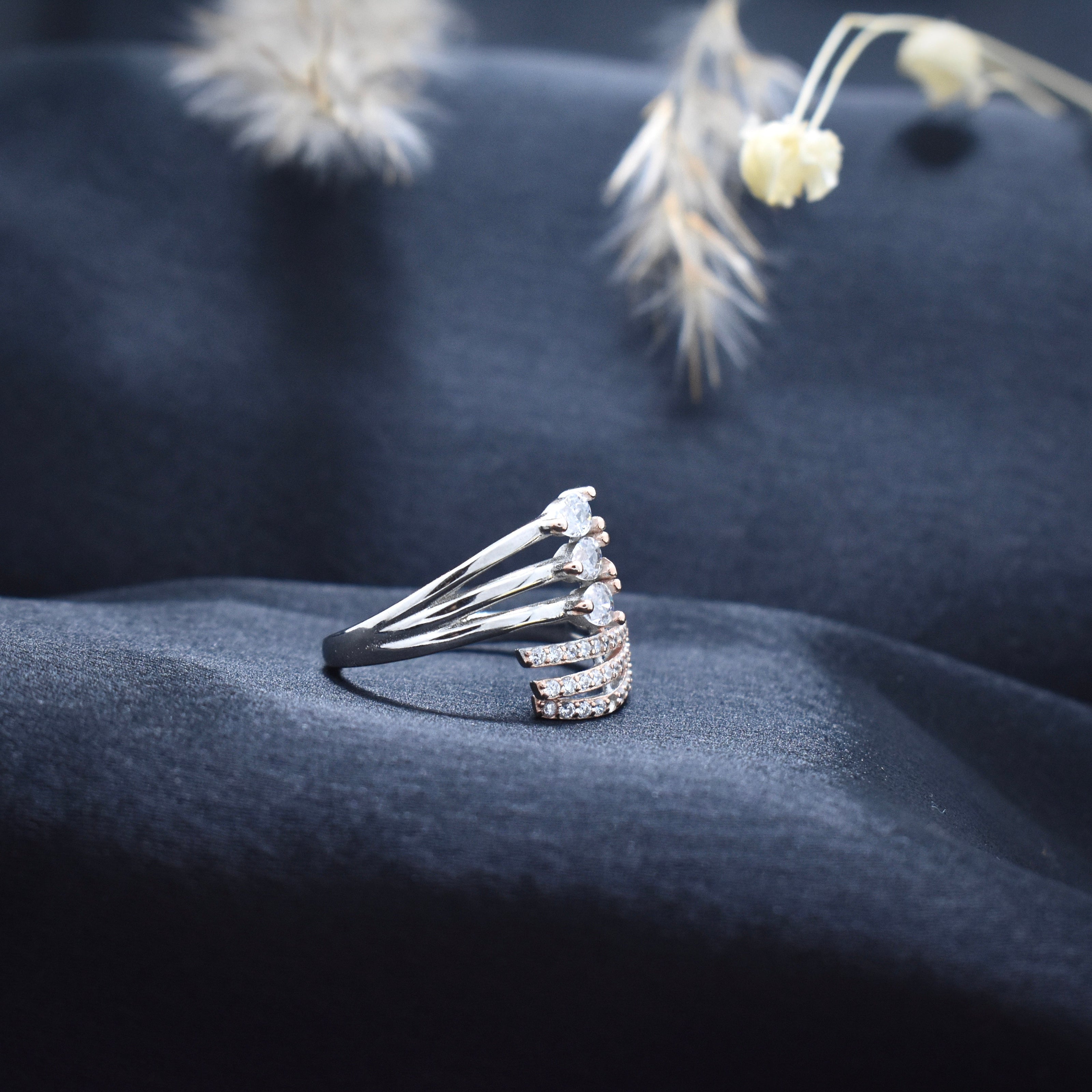 Silver Triple Spark Rhodium Ring