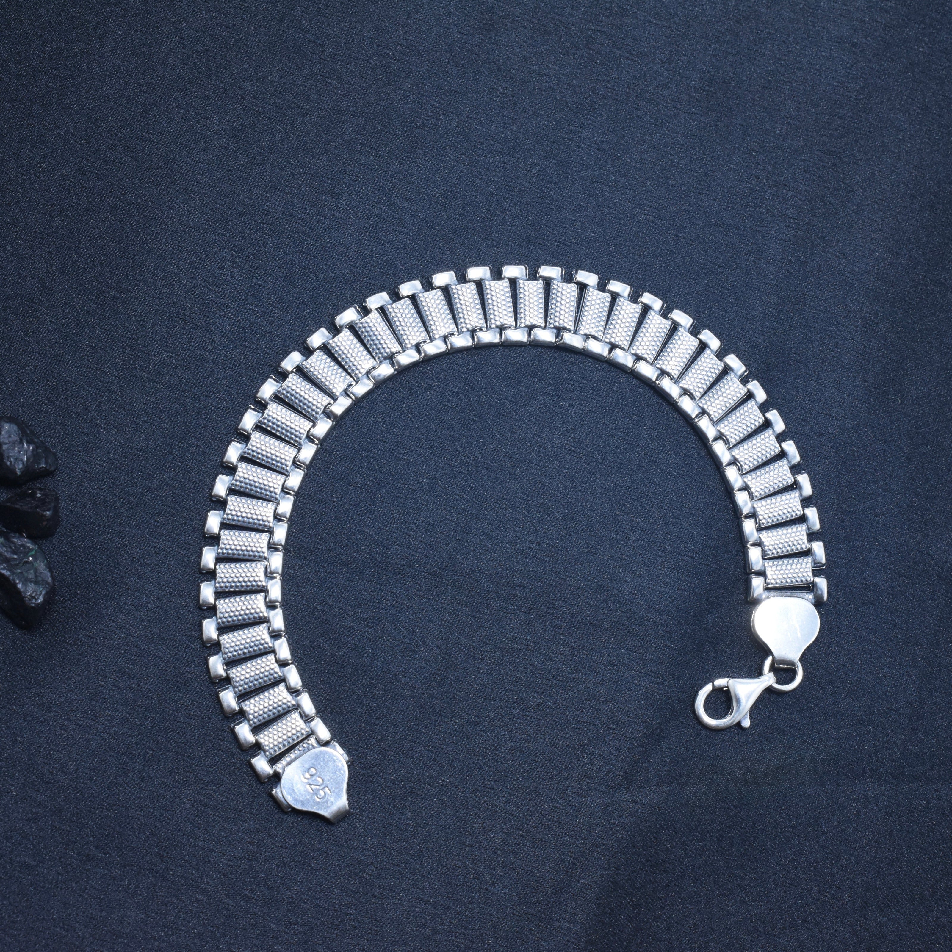 Wide Textured Link Silver Bracelet
