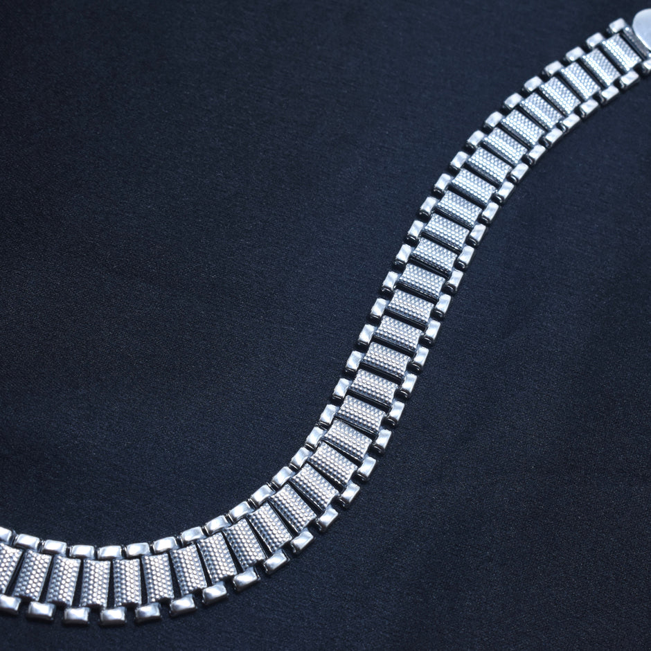 Wide Textured Link Silver Bracelet