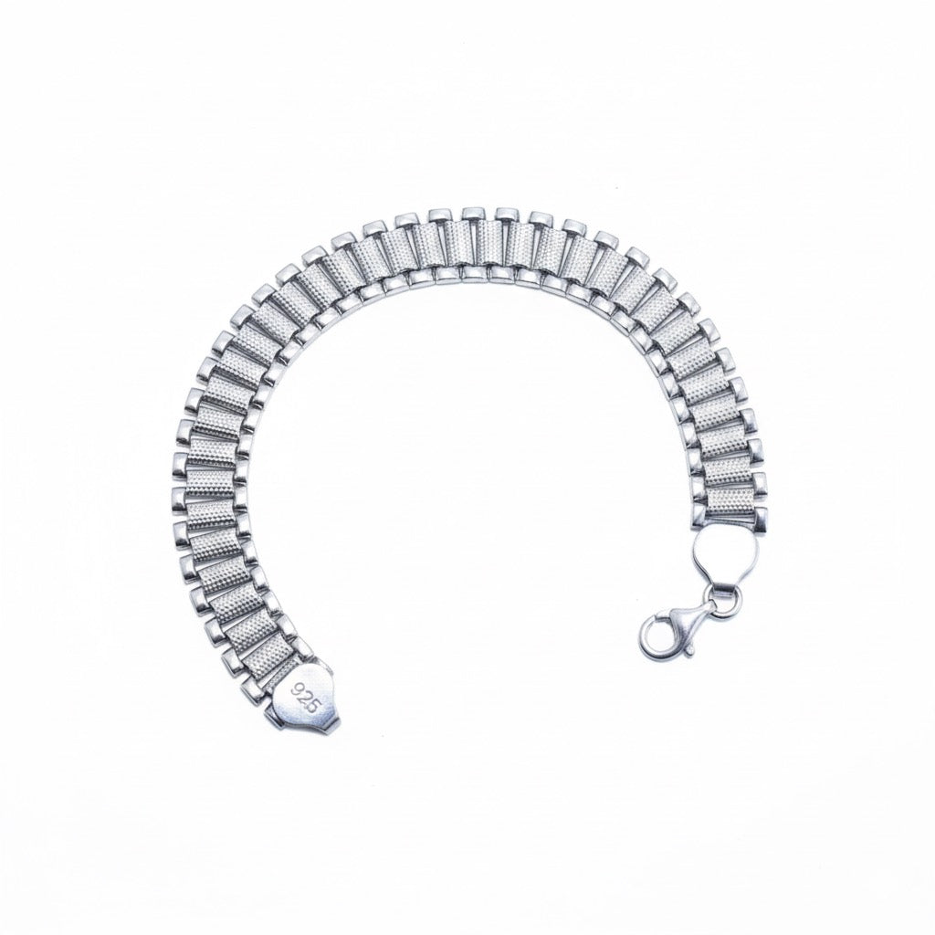 Wide Textured Link Silver Bracelet