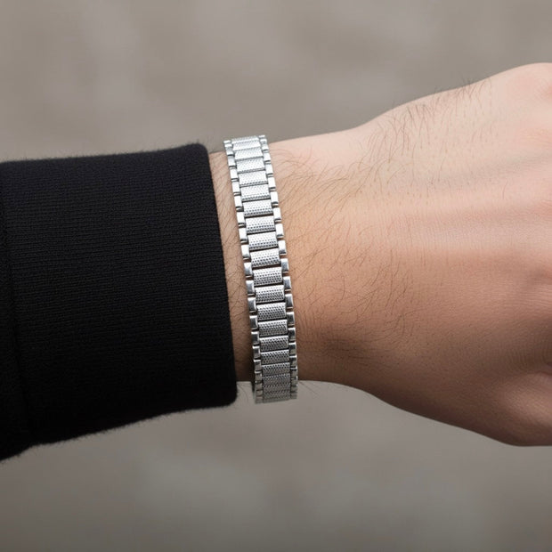 Wide Textured Link Silver Bracelet