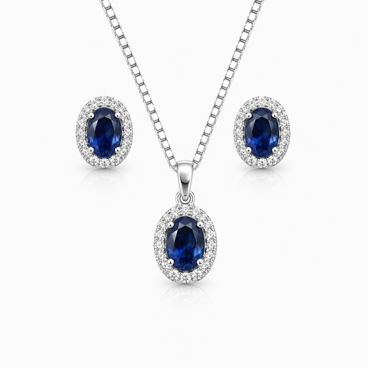 Sapphire Oval Halo Pendant Set with Chain and Earrings