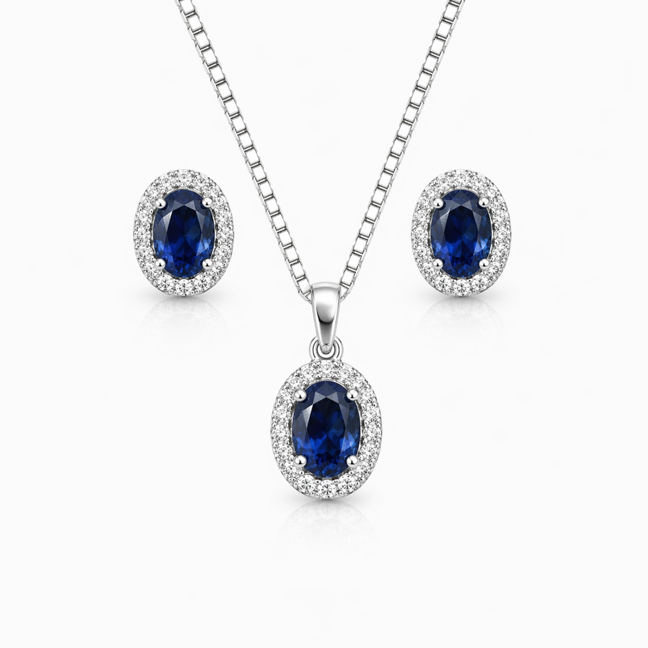 Sapphire Oval Halo Pendant Set with Chain and Earrings