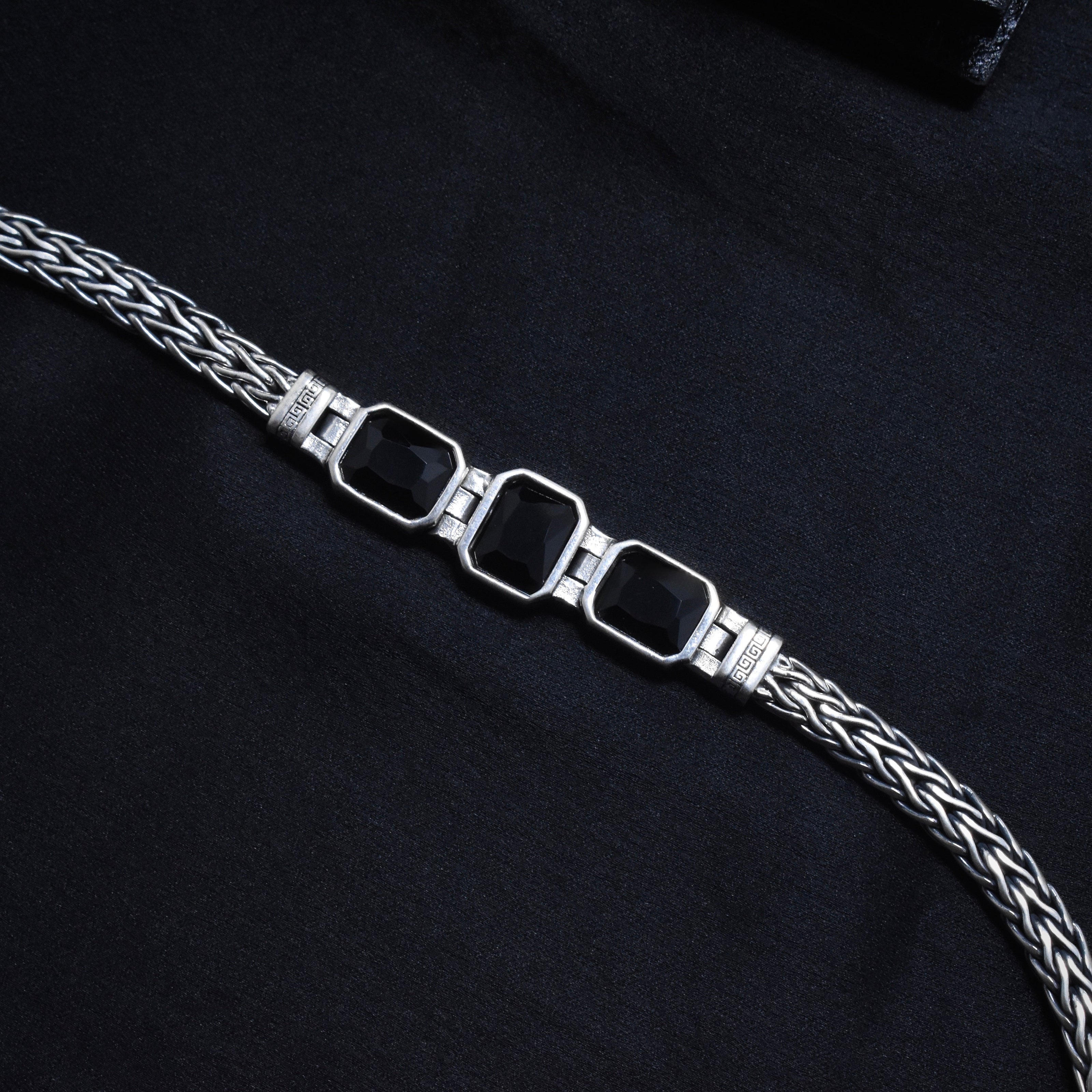 Black Stone Triple Link Braided Silver Bracelet