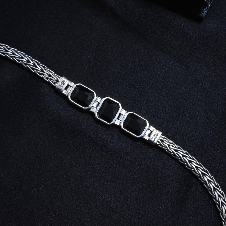 Black Stone Triple Link Braided Silver Bracelet