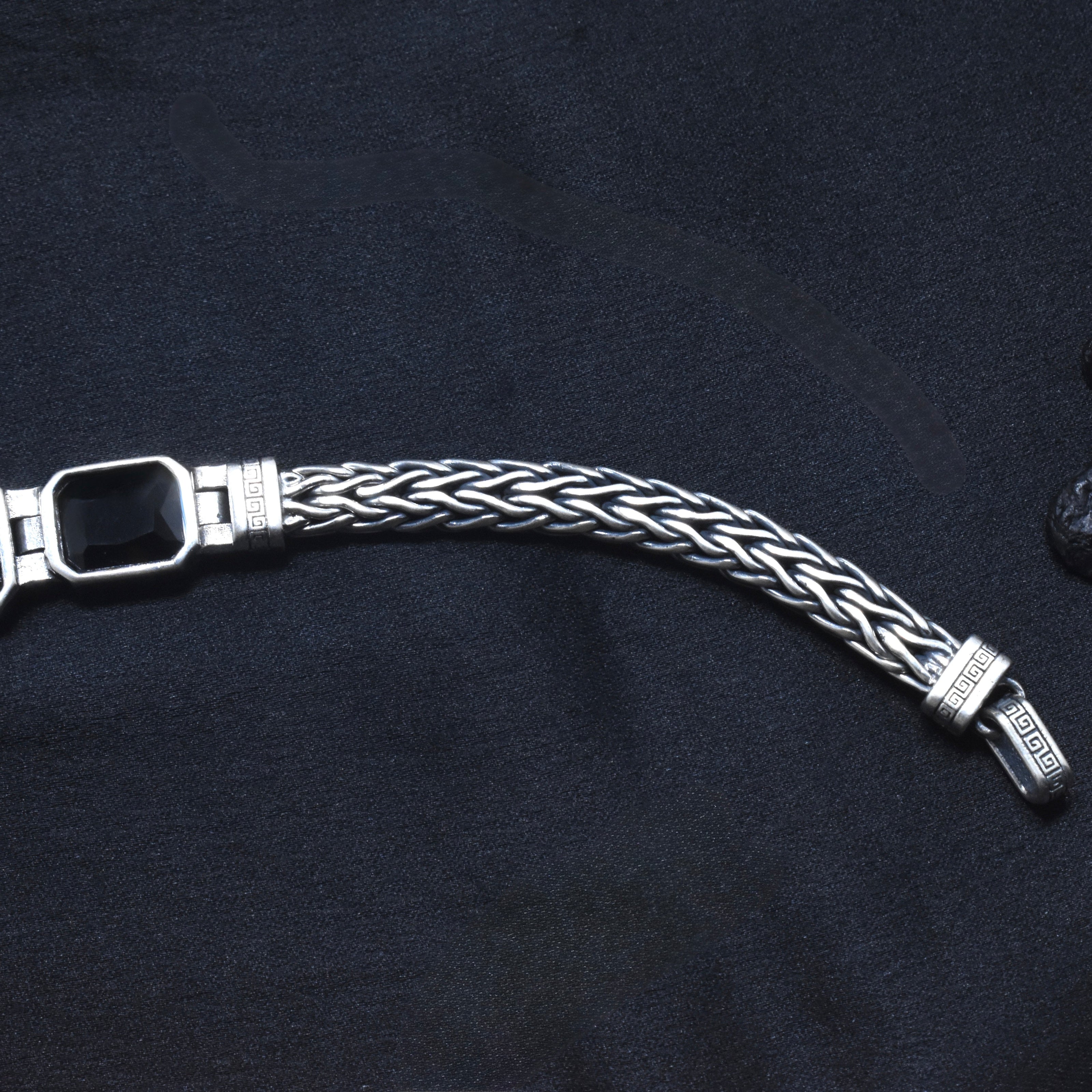Black Stone Triple Link Braided Silver Bracelet