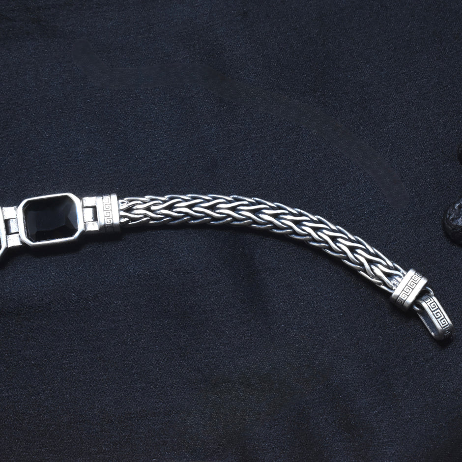 Black Stone Triple Link Braided Silver Bracelet