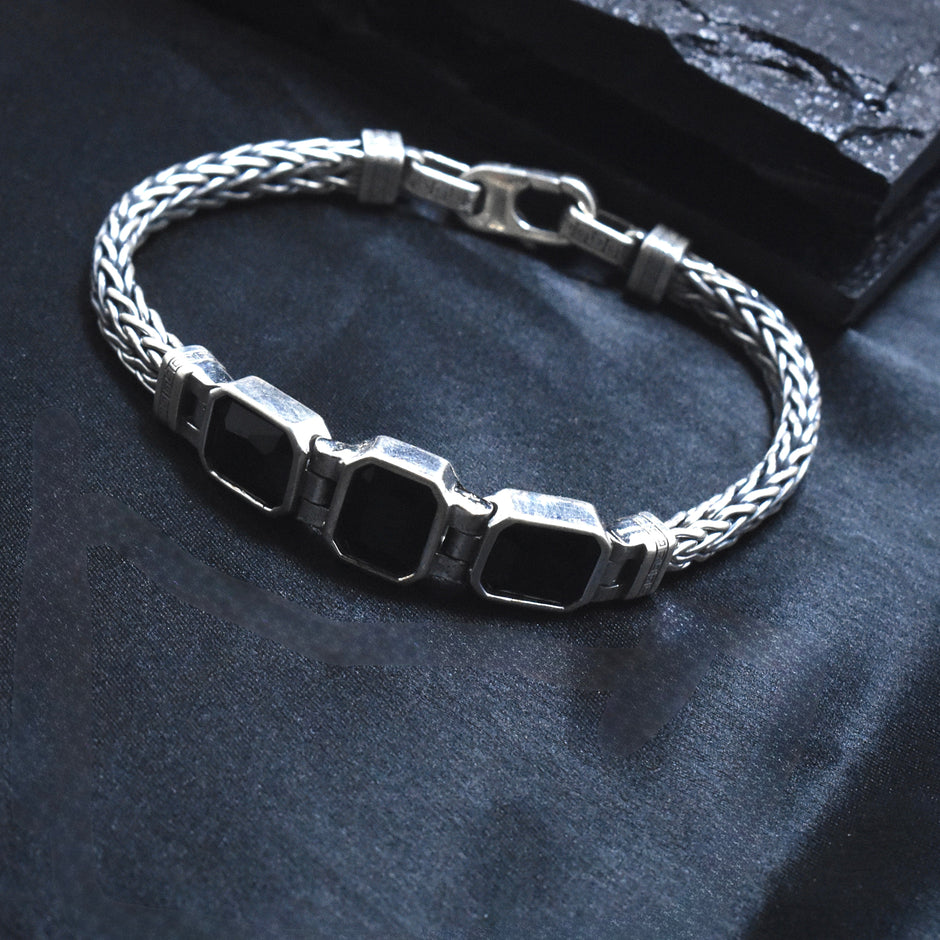 Black Stone Triple Link Braided Silver Bracelet