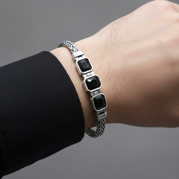 Black Stone Triple Link Braided Silver Bracelet