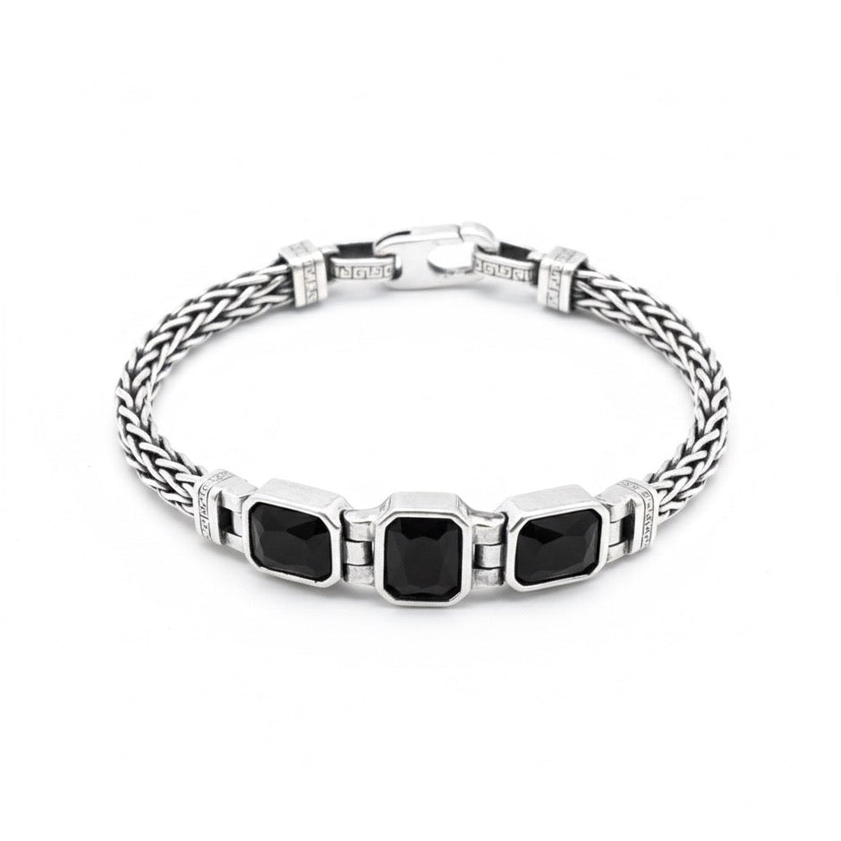 Black Stone Triple Link Braided Silver Bracelet