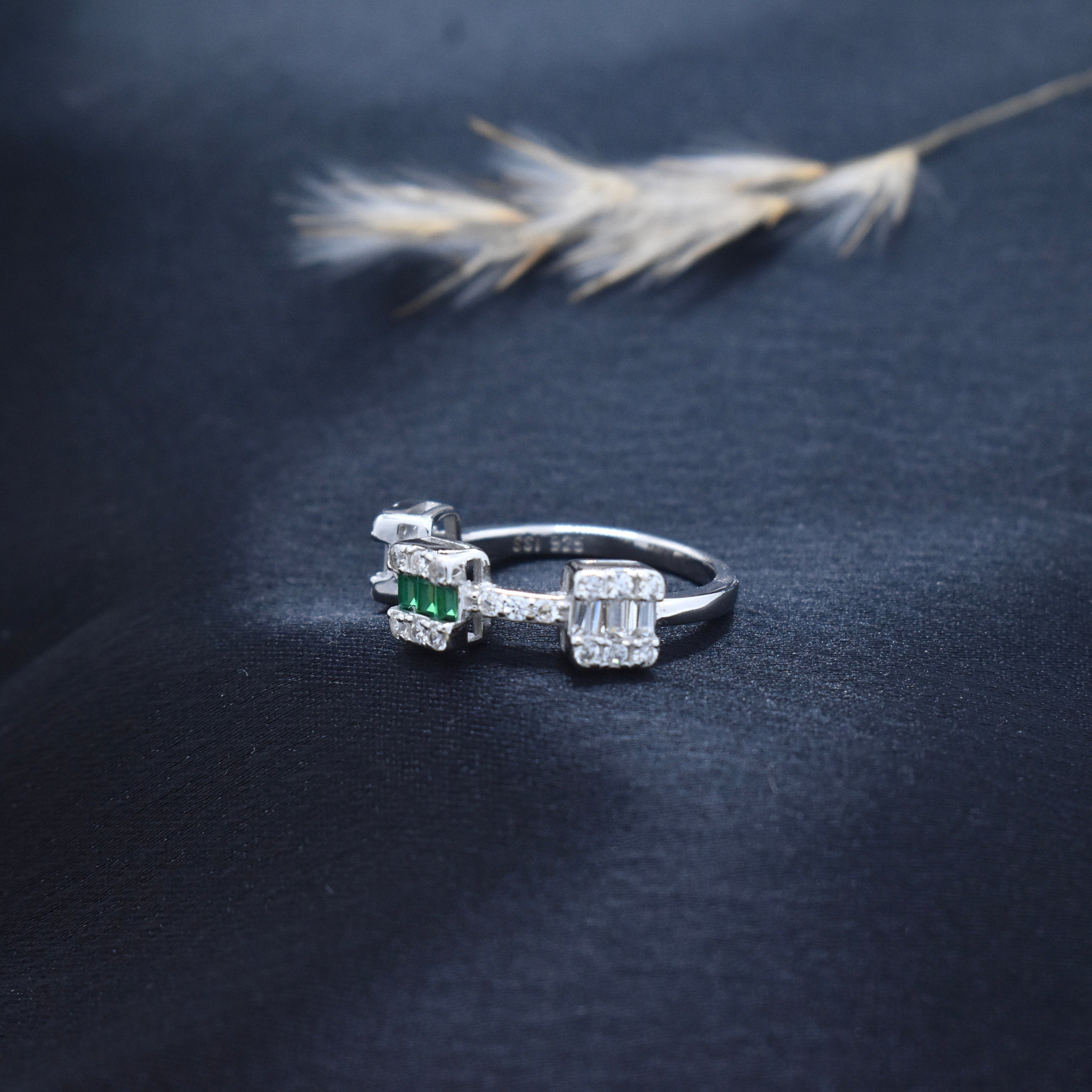 Silver Emerald Block Accent Ring