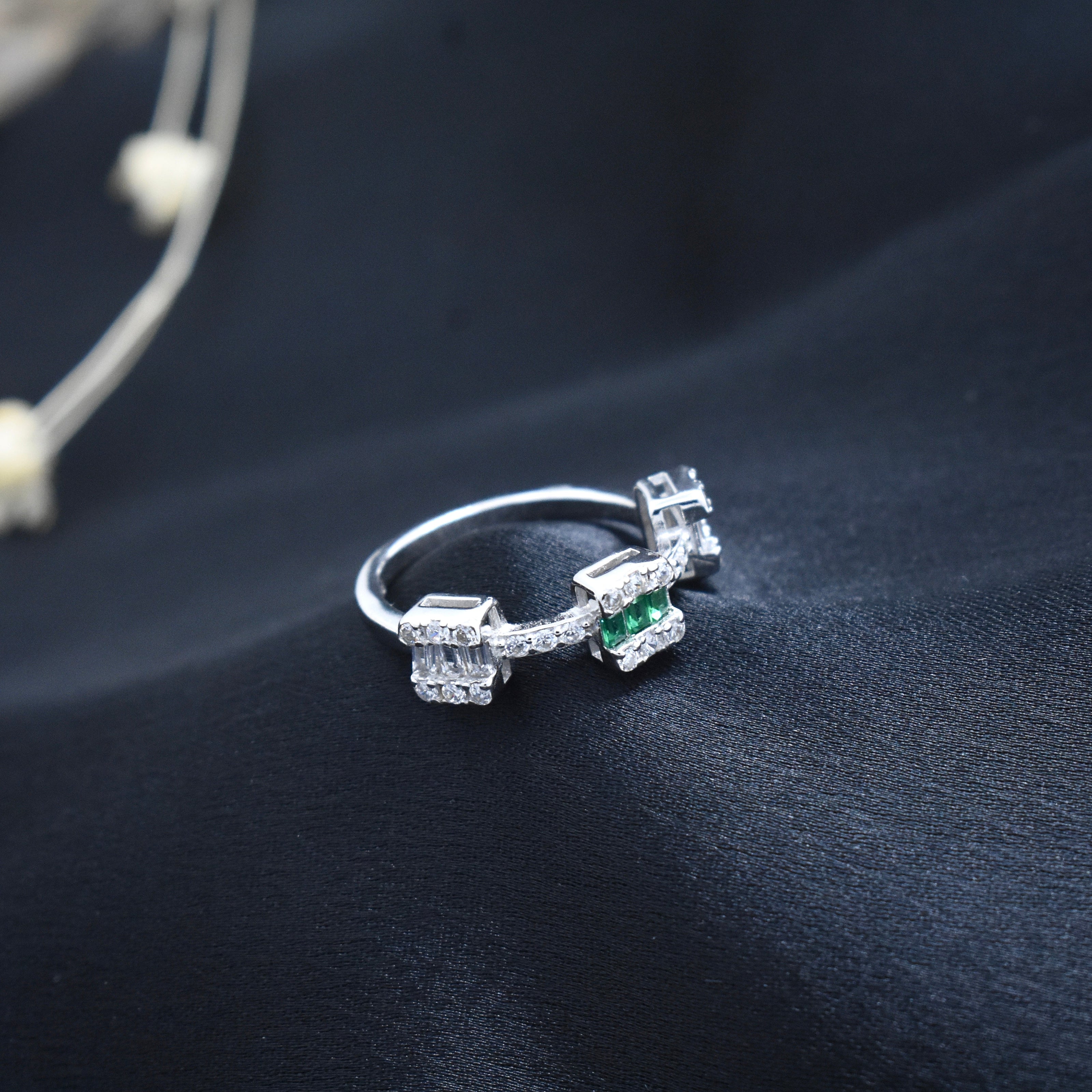 Silver Emerald Block Accent Ring