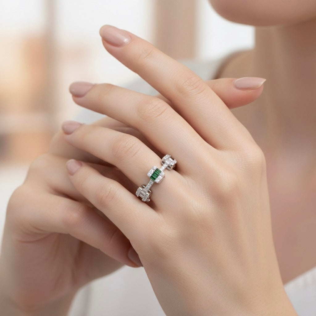 Silver Emerald Block Accent Ring