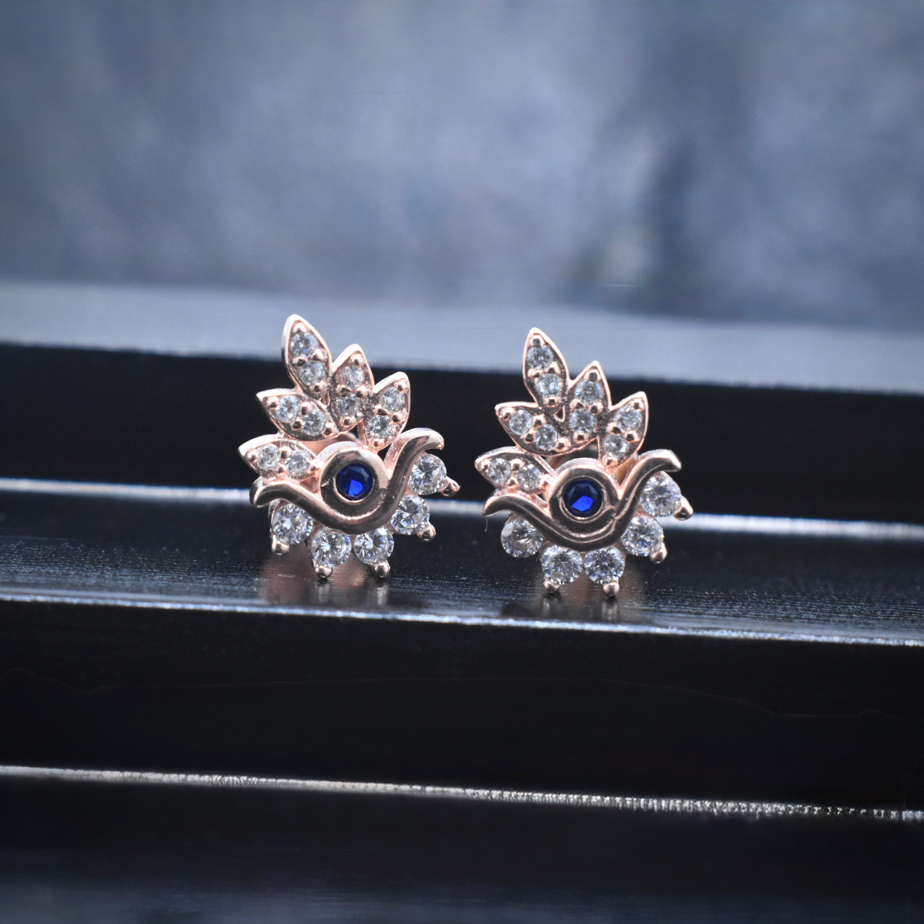 Floral Eye Motif Silver Rhodium Earrings