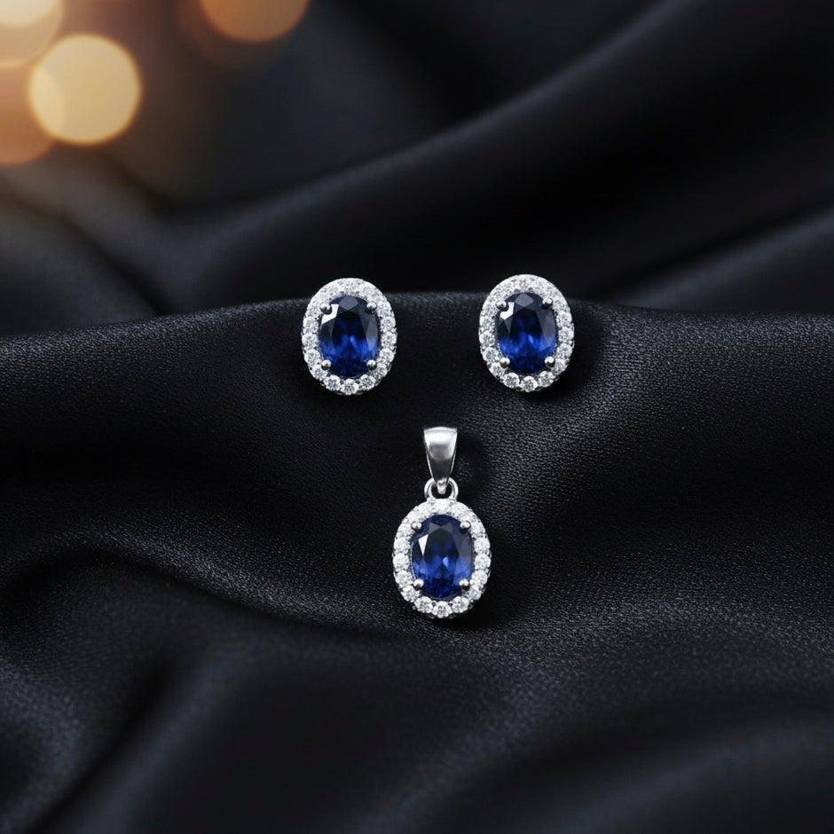 Sapphire Oval Halo Pendant Set with Chain and Earrings