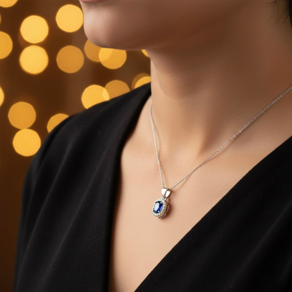 Sapphire Oval Halo Pendant Set with Chain and Earrings