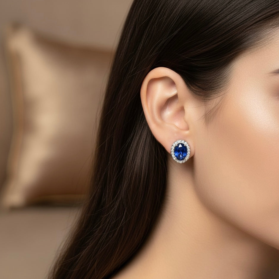 Sapphire Oval Halo Pendant Set with Chain and Earrings