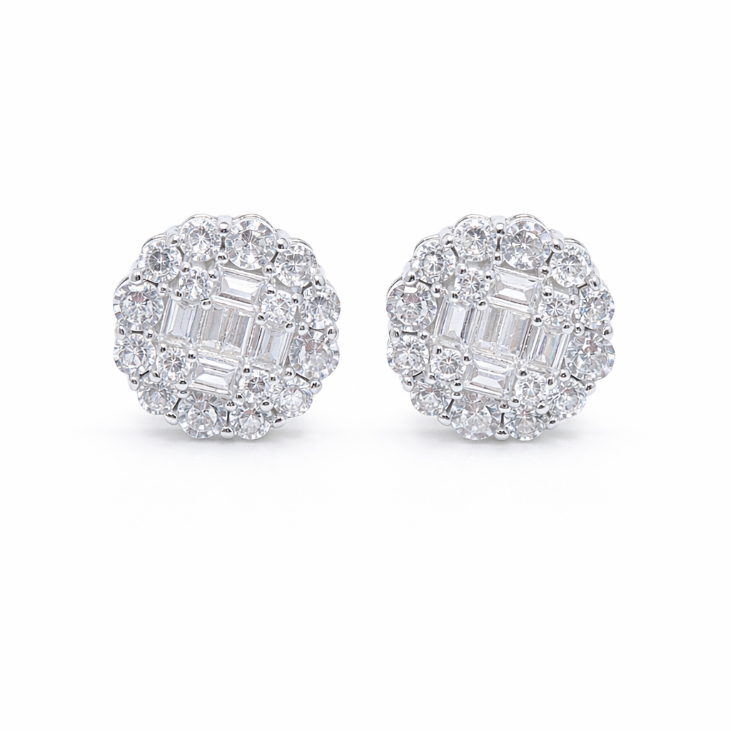 Baguette Cluster Floral Halo Studs