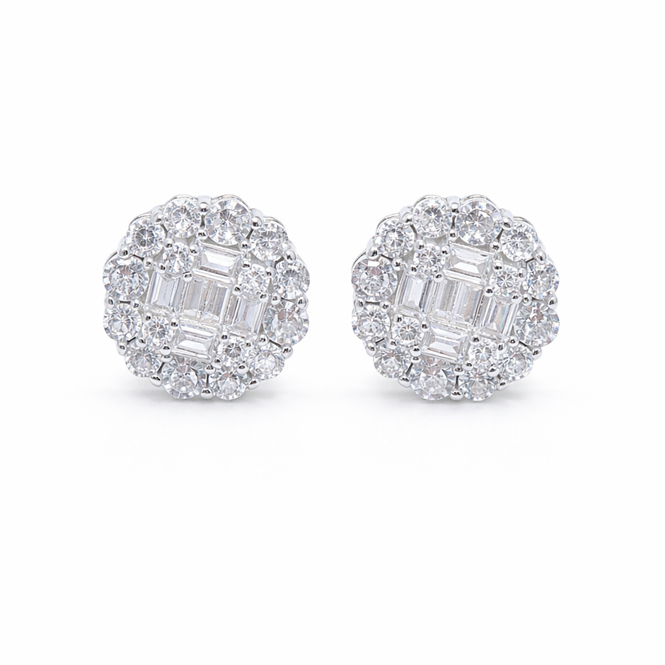 Baguette Cluster Floral Halo Studs